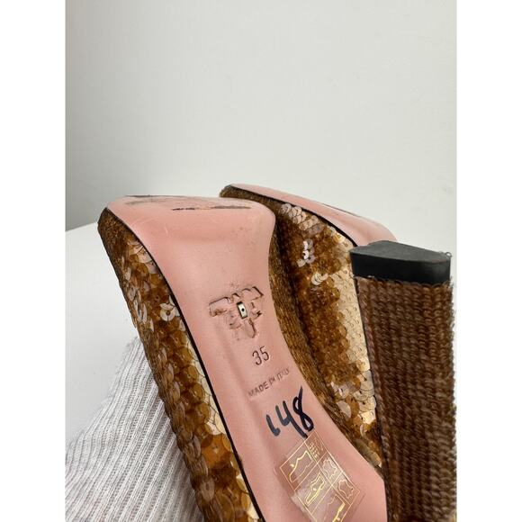 PRADA Womens Bronze Brown Metallic Sequin Peep Toe Pumps High Heels EU 35 - Picture 11 of 12